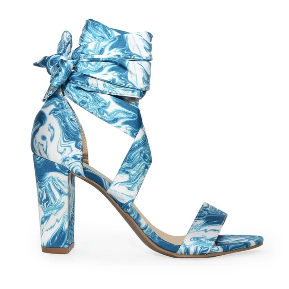 Wild Diva Satin Lace-Up Marble Block Heel Sandals - Picture 2 of 13